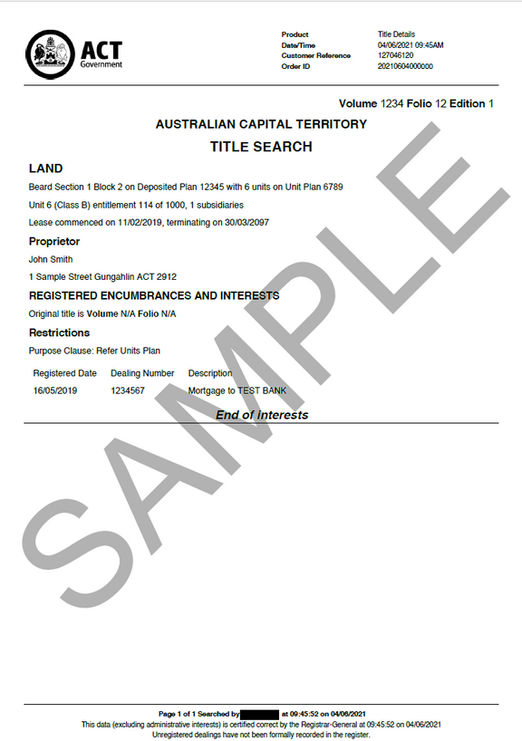 ACT Certificate of Title – Title Finder